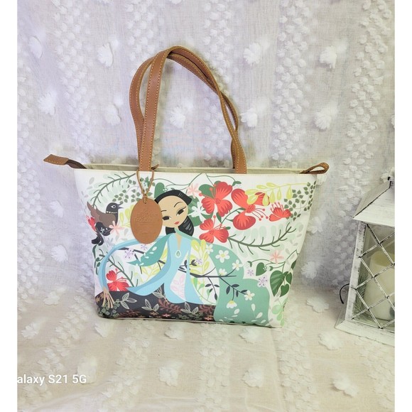 Sepiring Indonesia Girl Birds Of Paradise Floral Fabric Leather Tote Hawaii RARE - Picture 3 of 10